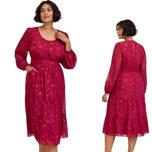 Torrid Burgundy Star Print Chiffon Tiered Midi Dress Sz 4X NWT